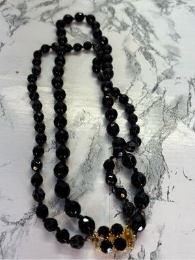 Vintage Black Faceted Glass Bead Necklace with Gold Accent Clasp Signed Austria